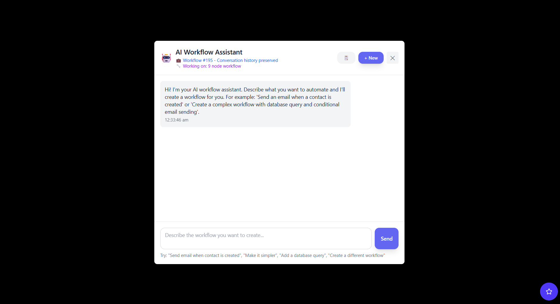 Unodeskly AI Workflow Assistant generating a workflow from a plain-language description