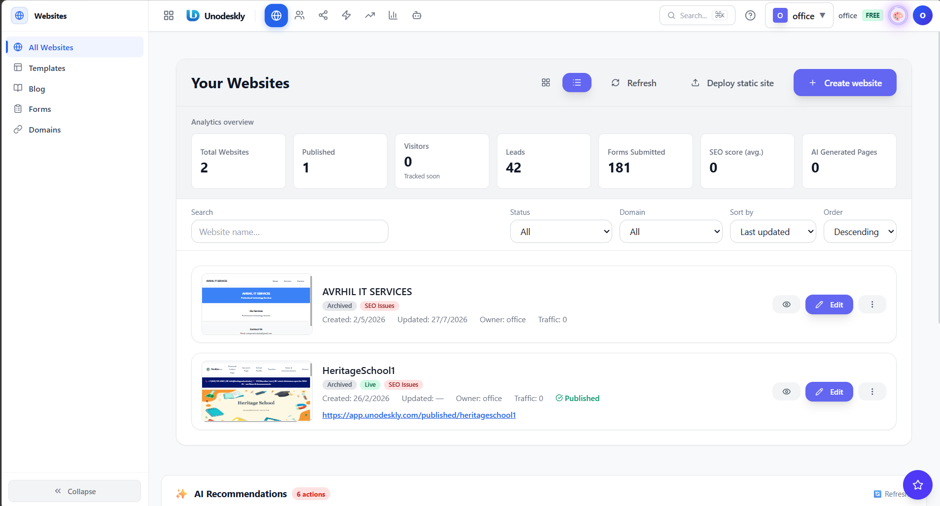Unodeskly website builder dashboard with site management and analytics overview